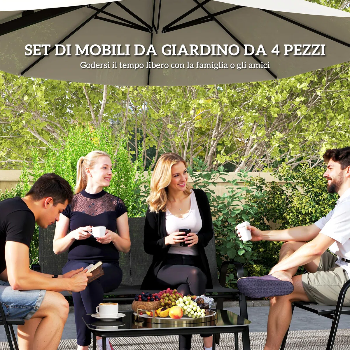 Outsunny Set Salotto da Giardino 4 Pezzi, Divanetto 2 Posti, 2 Sedie Impilabili, Tavolo Caffè Vetro, Acciaio, Texteline Nero