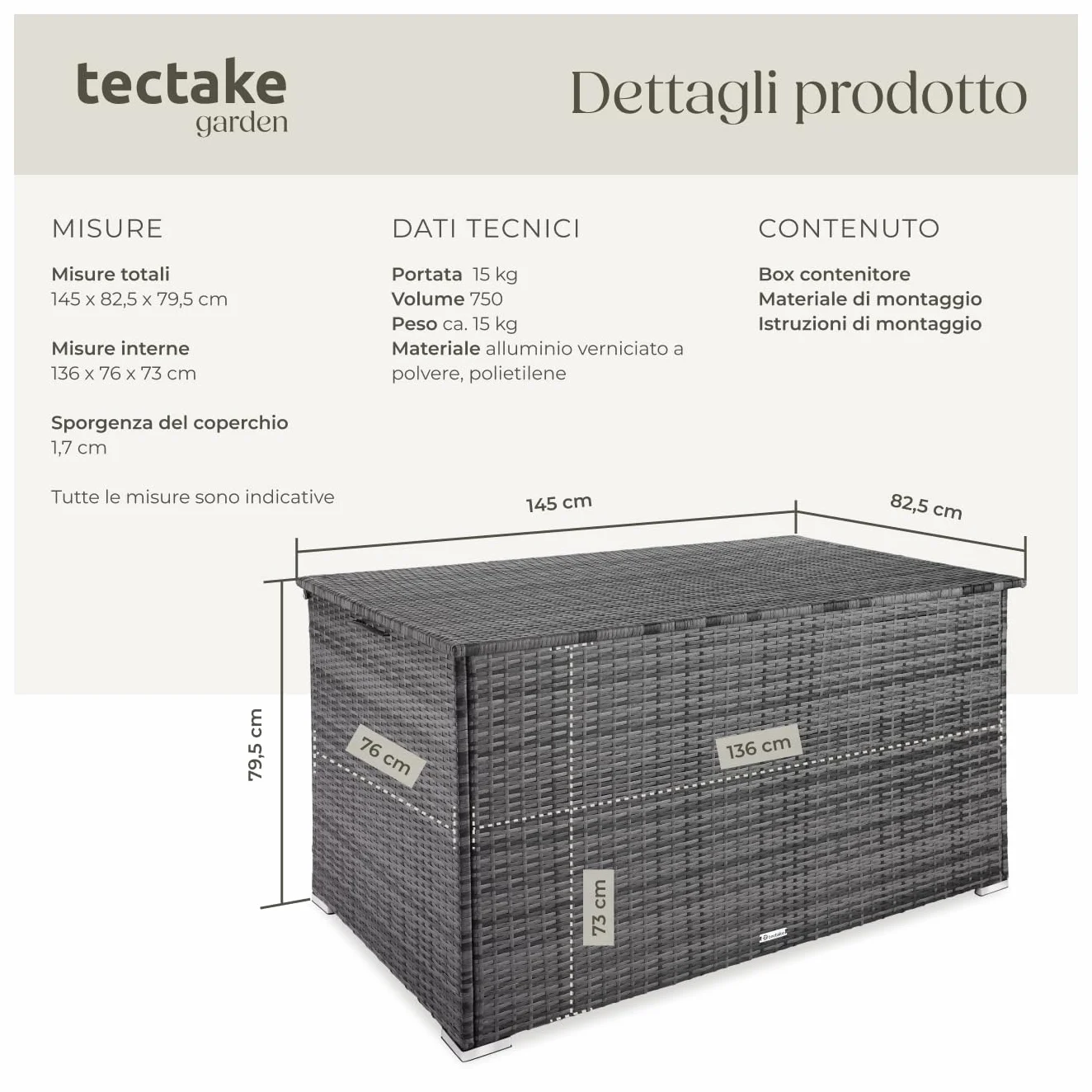 tectake Box Contenitore da Esterno 750L, Mobile da Giardino in Polyrattan e Alluminio, 145 x 82,5 x 79,5 cm - Grigio
