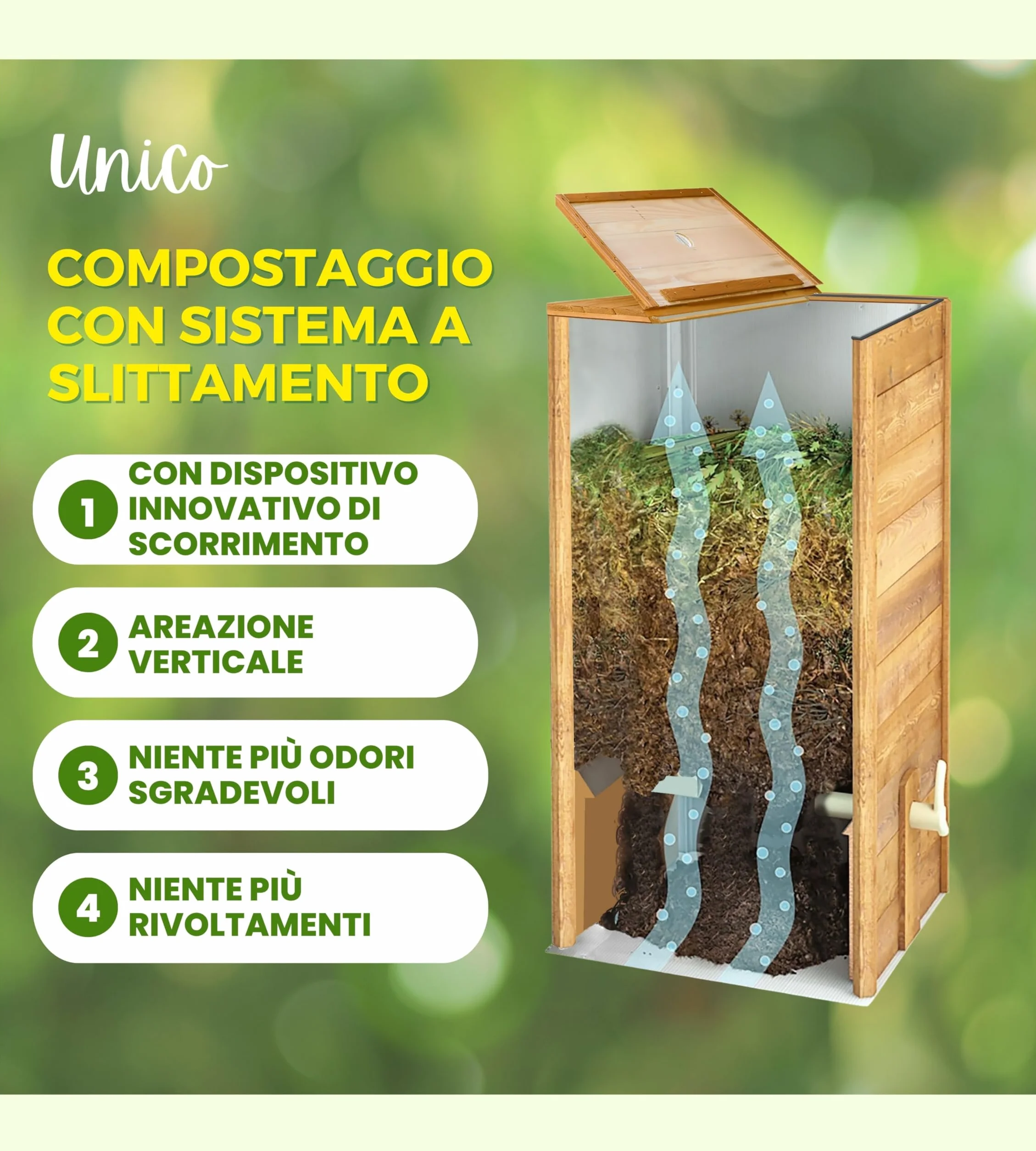 Compostiera da Giardino in Legno con Coperchio, Compostaggio facile senza Cattivi Odori e senza Rivoltamento Compost, con Sistema Anti Insetti e Dispositivo d’Aerazione, con Piano, da 340lt