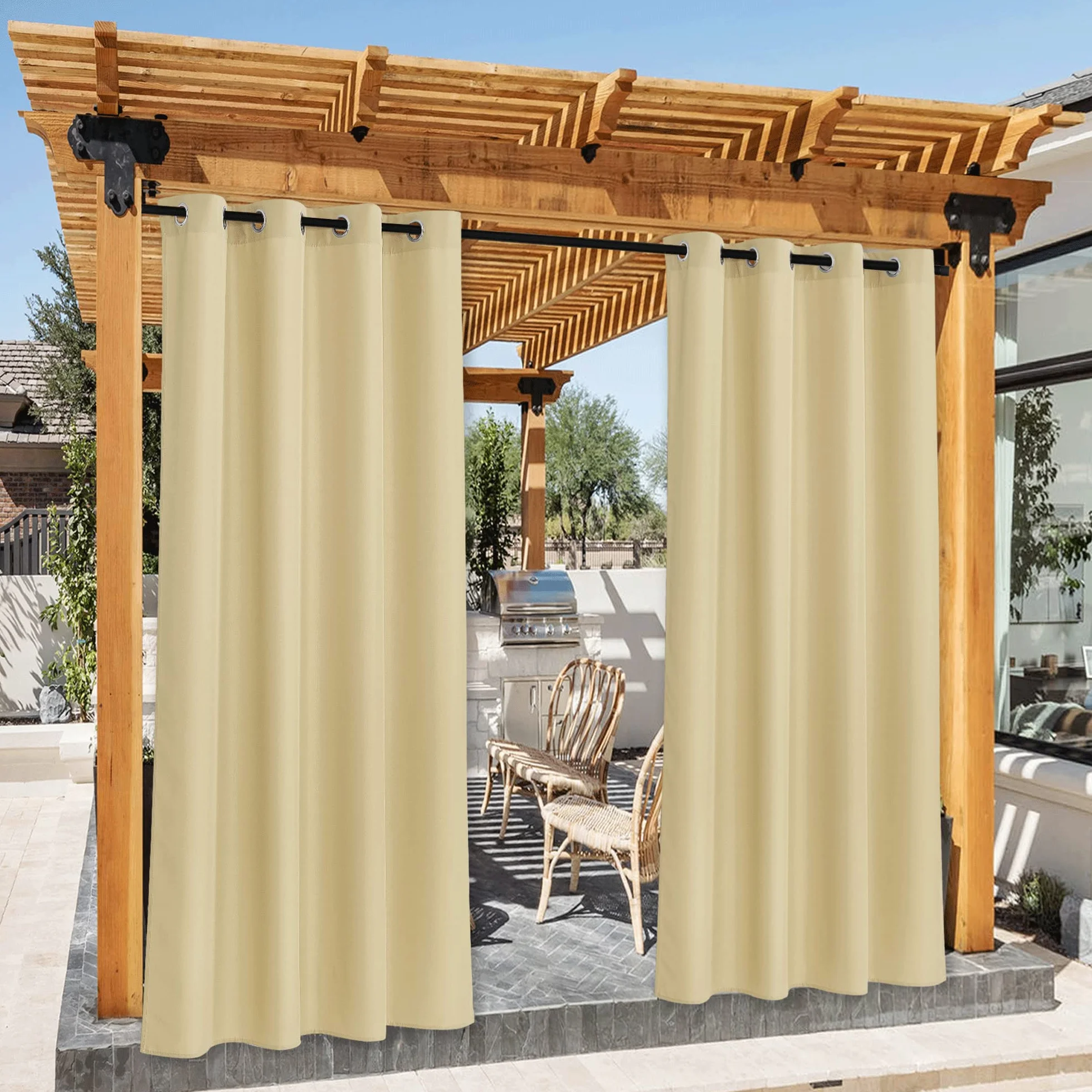PONY DANCE Tende da Sole per Esterno con Anelli 2 Pezzi L 140 x A 213 cm Curtains Impermeabile Beige per Gazebo e Balconi Tende Termiche per Porta Esterna