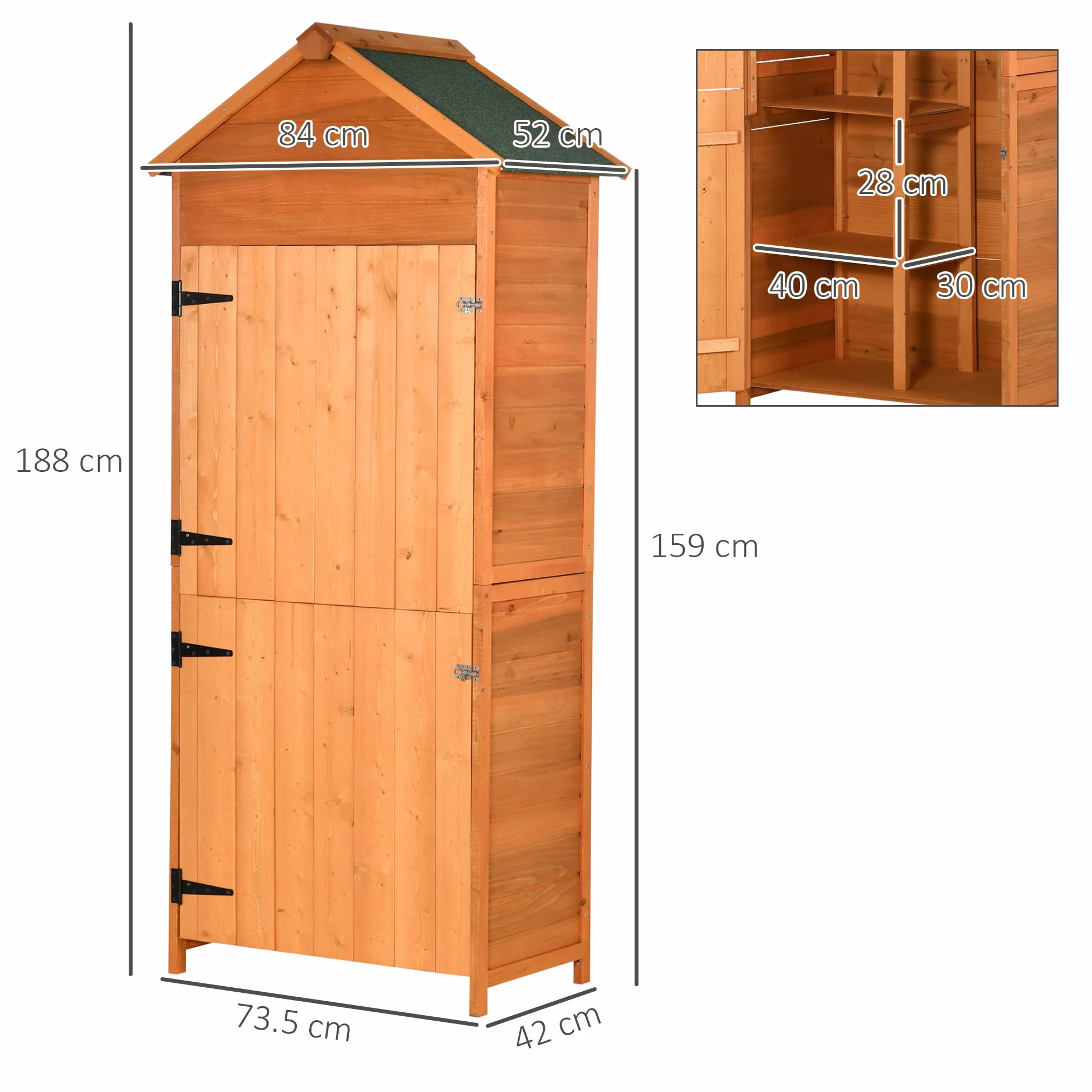Outsunny Casetta da Giardino in Legno 2 Ante Armadio da Esterno 3 Ripiani 84x52x188cm