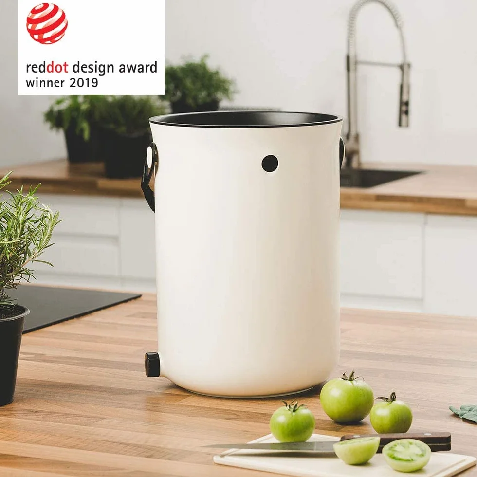 Skaza Bokashi Organko 2 (9.6 L) Compostiera per Cucina in plastica Riciclata | Starter Set con Miscela di fermentazione Bokashi Organko 1 kg (Crema-Bianco)