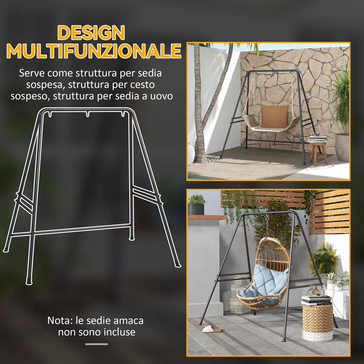 Outsunny Supporto per Amaca e Sedia a Dondolo/a Uovo, Sostegno Amaca in Acciaio con Gambe ad A e Agganci, Facile da Montare, per Esterno ed Interno, 178x143x180 cm, Nero