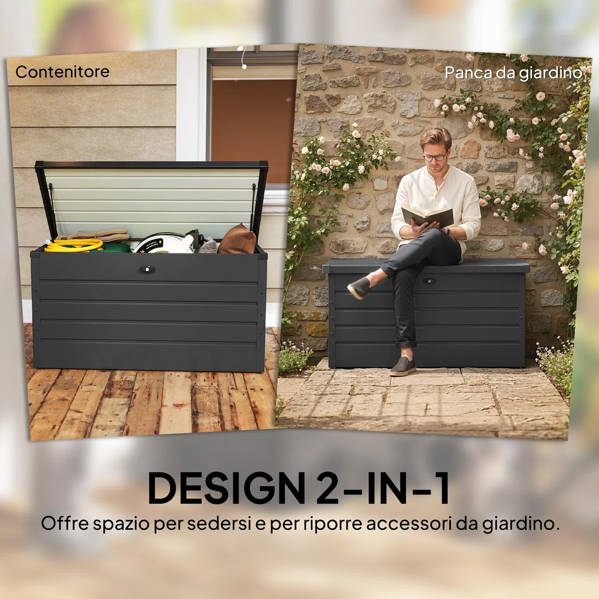 Outsunny Panca Baule Contenitore da Giardino con Chiave, Cassapanca Moderna in Acciaio, Grigio, 120x62x62cm