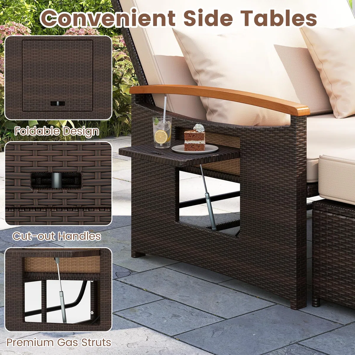 GIANTEX Divano da Giardino in Rattan a 2 Posti con Funzione Allungata, Set di Mobili in Rattan con Sgabello, Doppia Sedia a Sdraio per 2 Persone, 3 Colori (Cuscino Beige)