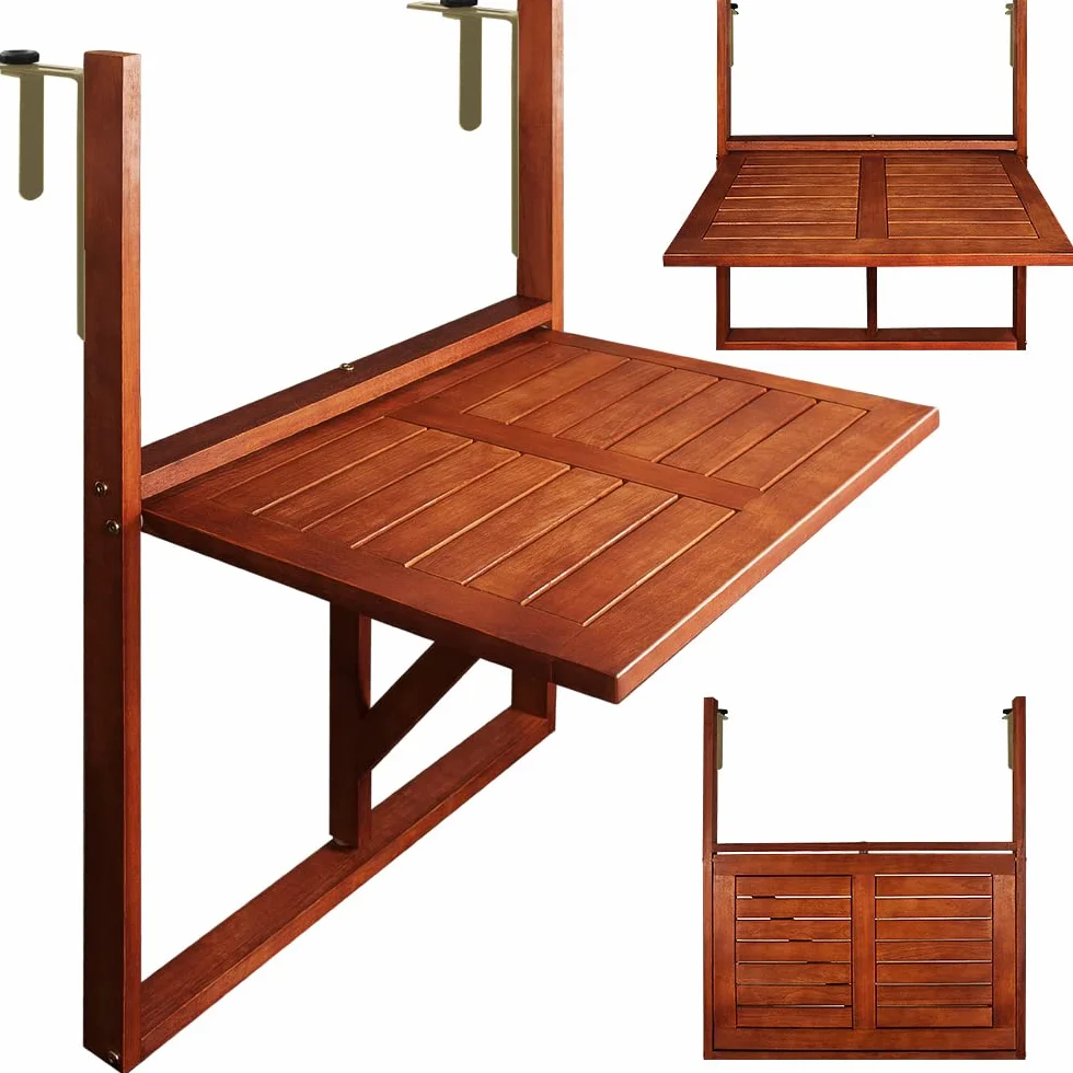 Casaria Tavolo Pensile Legno Acacia Pieghevole 65x45x87cm Tavolino da Ringhiera Balcone Esterno