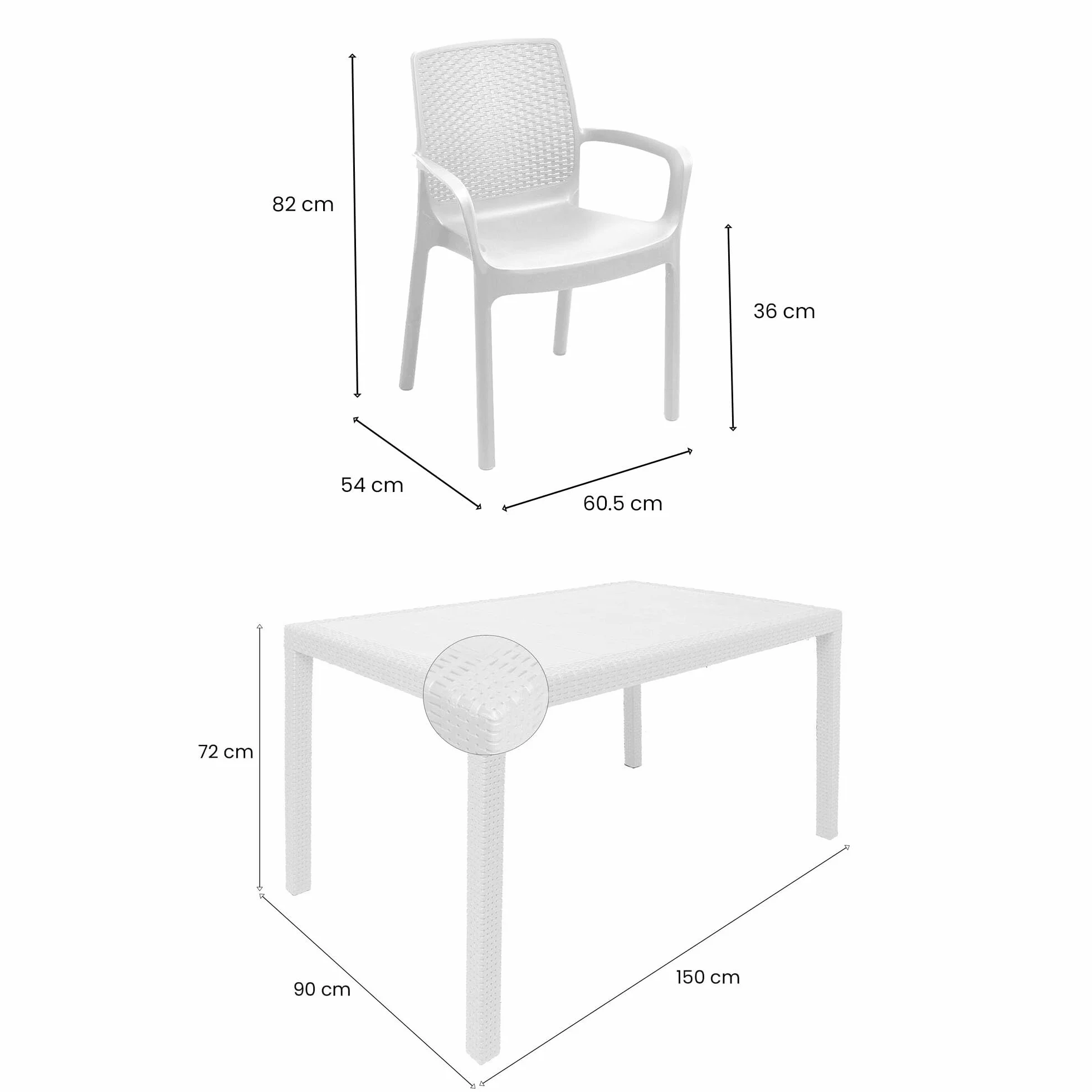Dmora Set Salotto da Esterno Tarquinia, Salottino Outdoor e Indoor, Tavolo Rettangolare con 4 Sedie Impilabili, Bianco