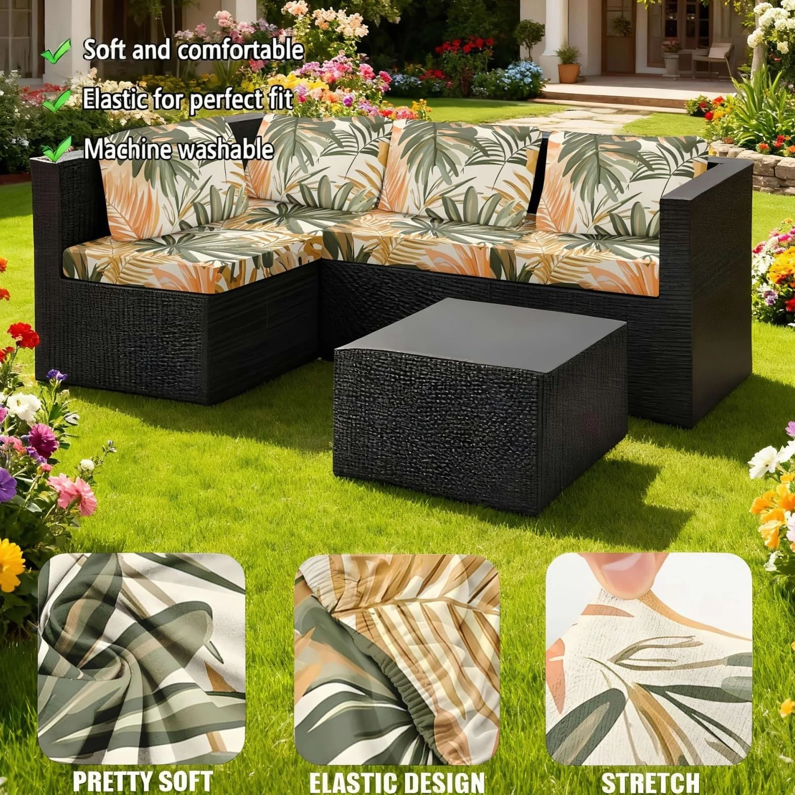 Morbuy Copricuscini Impermeabili per Esterno Giardino Patio, Set 6/8, Divano Angolare in Rattan (Alberi in fiore)