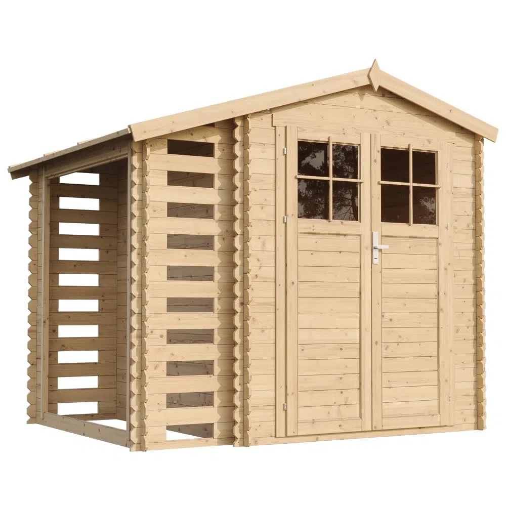 Casetta Giardino - Casetta da Giardino in Legno con Legnaia da Esterno con serratura di alta qualità L206xL272xA218 cm/ 3,53 m2 + 0,97 m2 - Piccola Casetta in Legno, Rimessa Attrezzi TIMBELA M386F