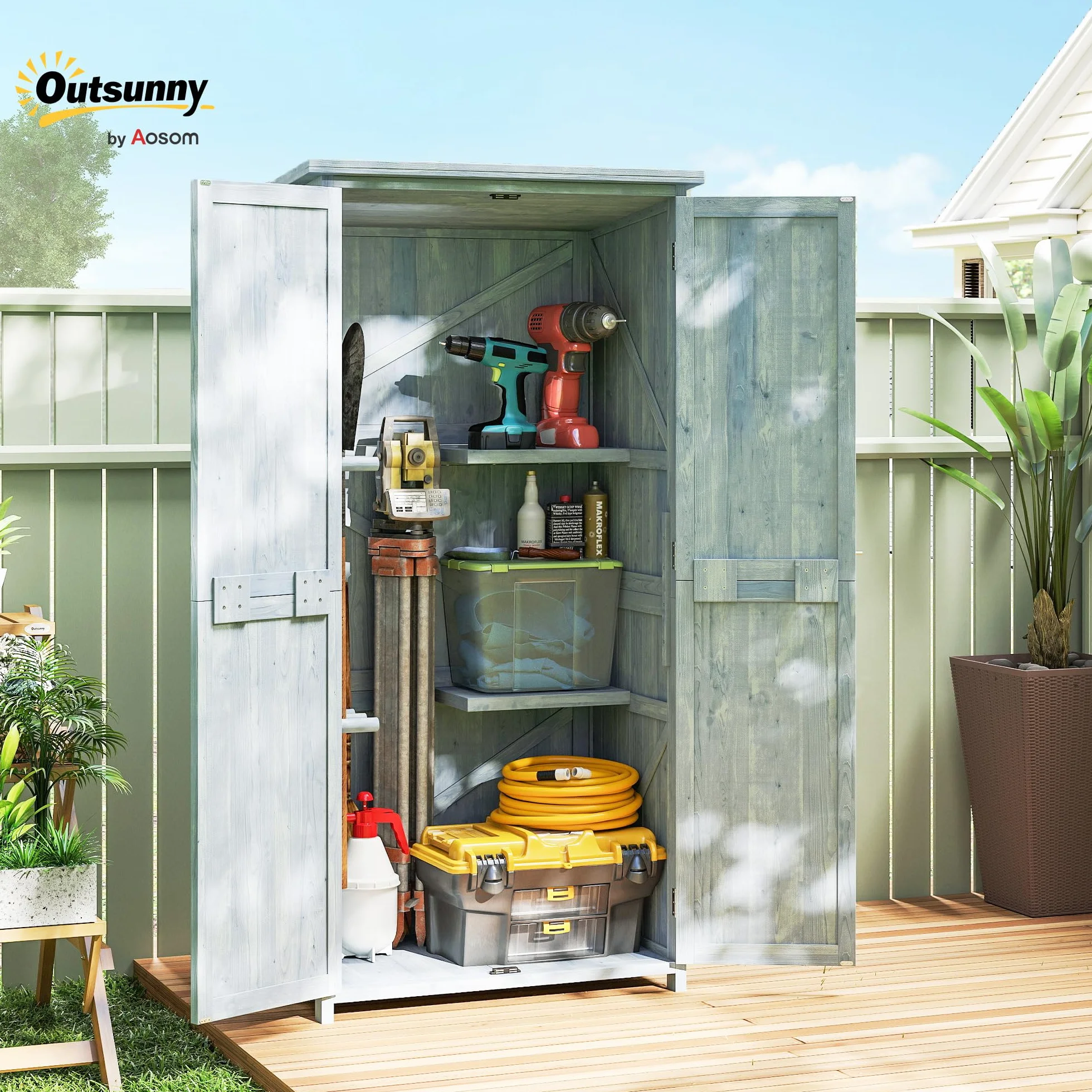 Outsunny Armadio da Giardino in Legno di Abete con Kit Antiribaltamento, Casetta Porta Attrezzi da Esterno con 2 Ante Bloccabili, 2 Ripiani, 10 Ganci, Tetto Inclinato Asfalto, 85x54x170 cm, Grigio
