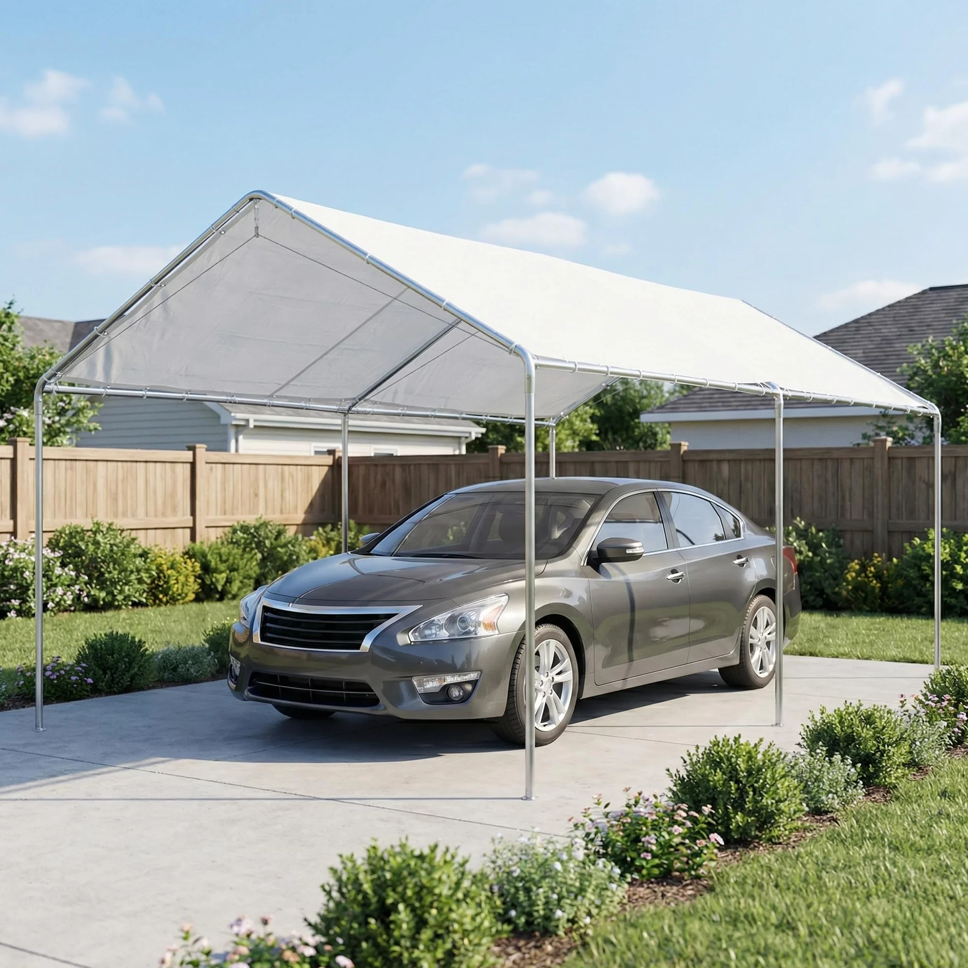 Outsunny Gazebo Copertura per Auto 6x3m Acciaio Zincato Bianco