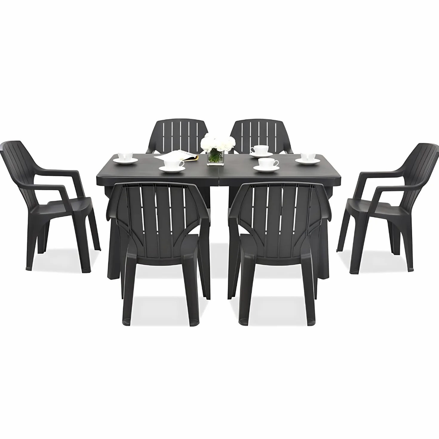 Tomaino Set Tavolo E 6 Sedie Da Giardino In Plastica Allungabile Impilabile Norden Nero
