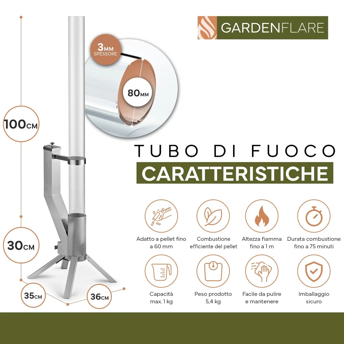 GARDENFLARE Colonna di Fuoco in Acciaio Inox e Torcia a Pellet per un'Atmosfera Incantevole – Elegante Alternativa ai Riscaldatori da Terrazza e ai Camini da Giardino per la Tua Terrazza (Argento)