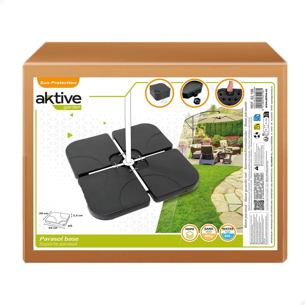 AKTIVE Base per ombrellone riempibile, 4 pezzi in HDPE nero 50x50x7,5 cm, fino a 80 kg con sabbia o 60 l di acqua, con maniglie e sistema di fissaggio (62196)