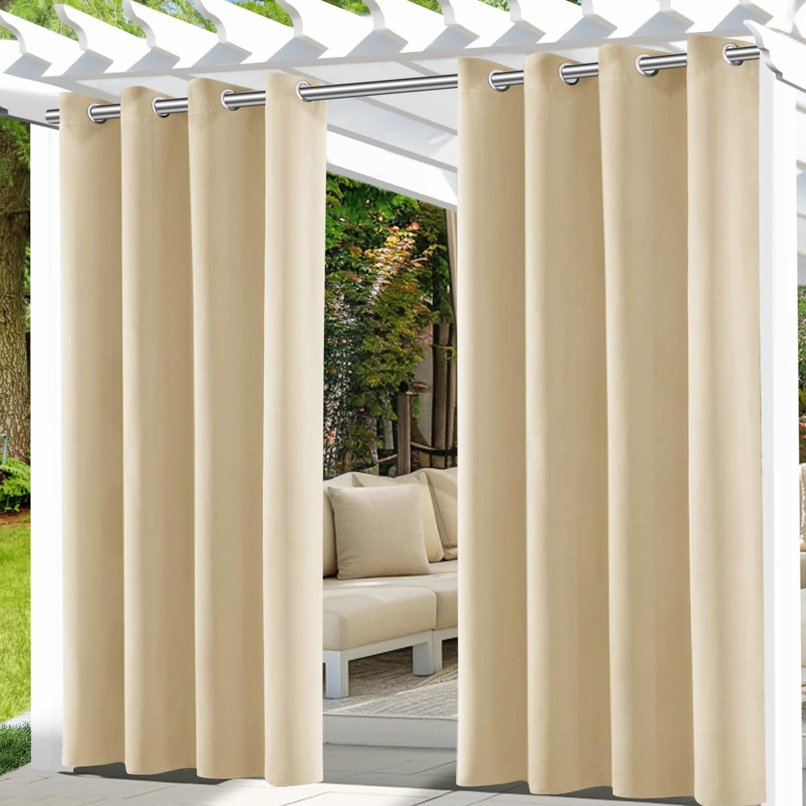 Tende da Esterno Impermeabile,2 Pezzi Tende per Esterno con Anelli,Tende per Gazebo Esterno Oscurante,Tende Idrorepellente per Esterni per Balconi,Terrazzo,Veranda,132x215cm,Beige