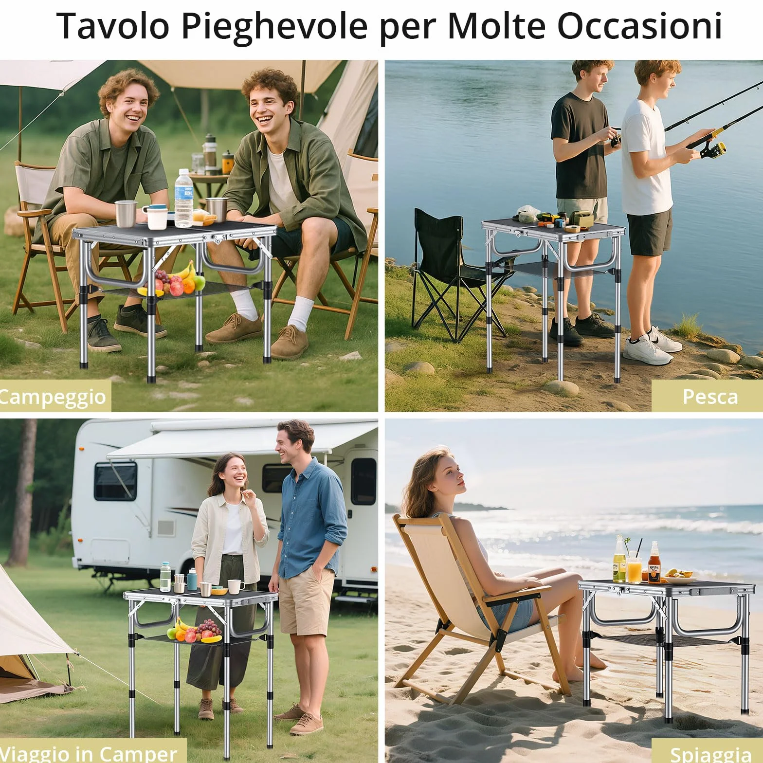 Anbte Tavolo da Campeggio Pieghevole Regolabile in Alluminio Portatile 3 Altezze con Rete di Stoccaggio Nero