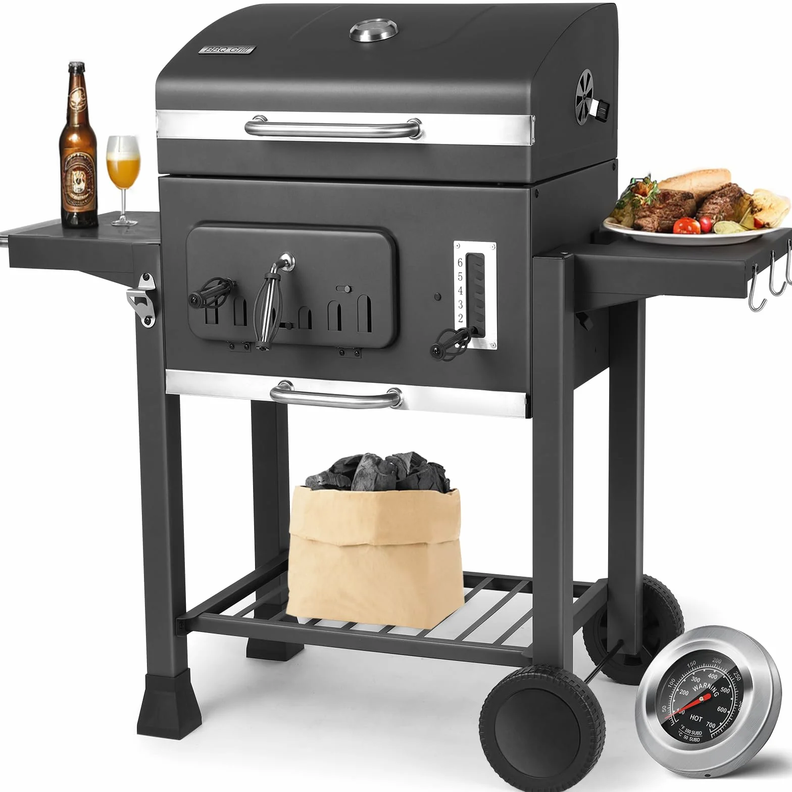 TLSUNNY Barbecue Carbonella XXL con Coperchio e Termometro, Ripiani Pieghevoli, Griglia BBQ Carbonella Grigio