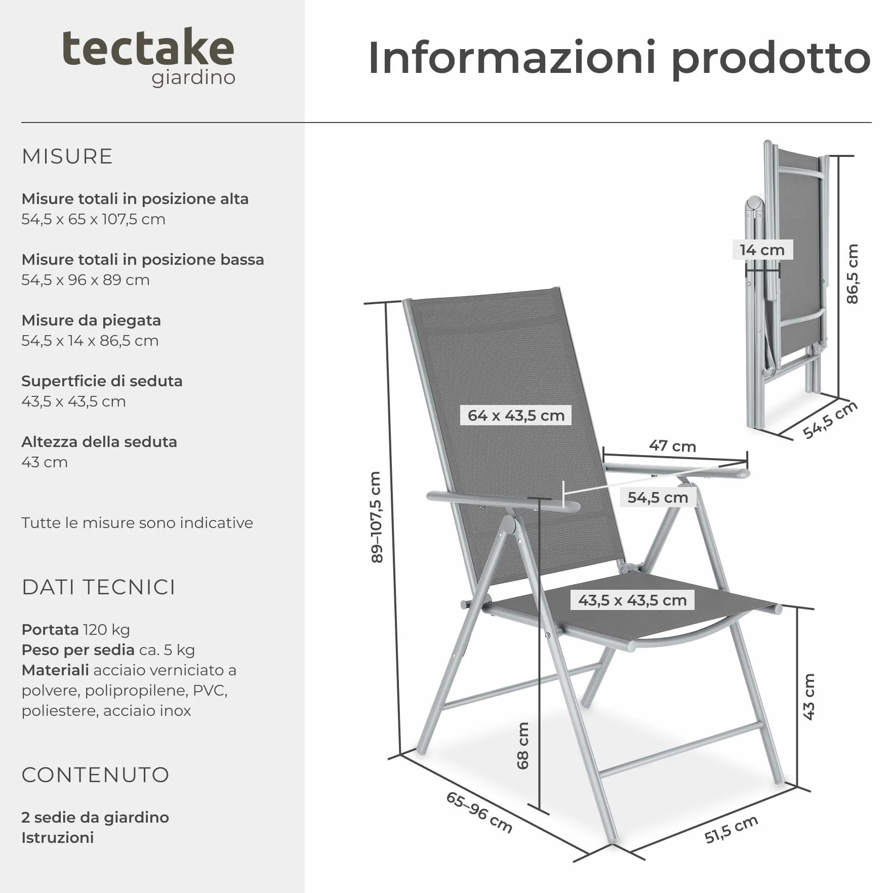 Set da 2 Sedie da Giardino in Alluminio Pieghevoli Schienale Regolabile 7 Posizioni 67x56x105cm Carico Max 110kg Grigio Argento
