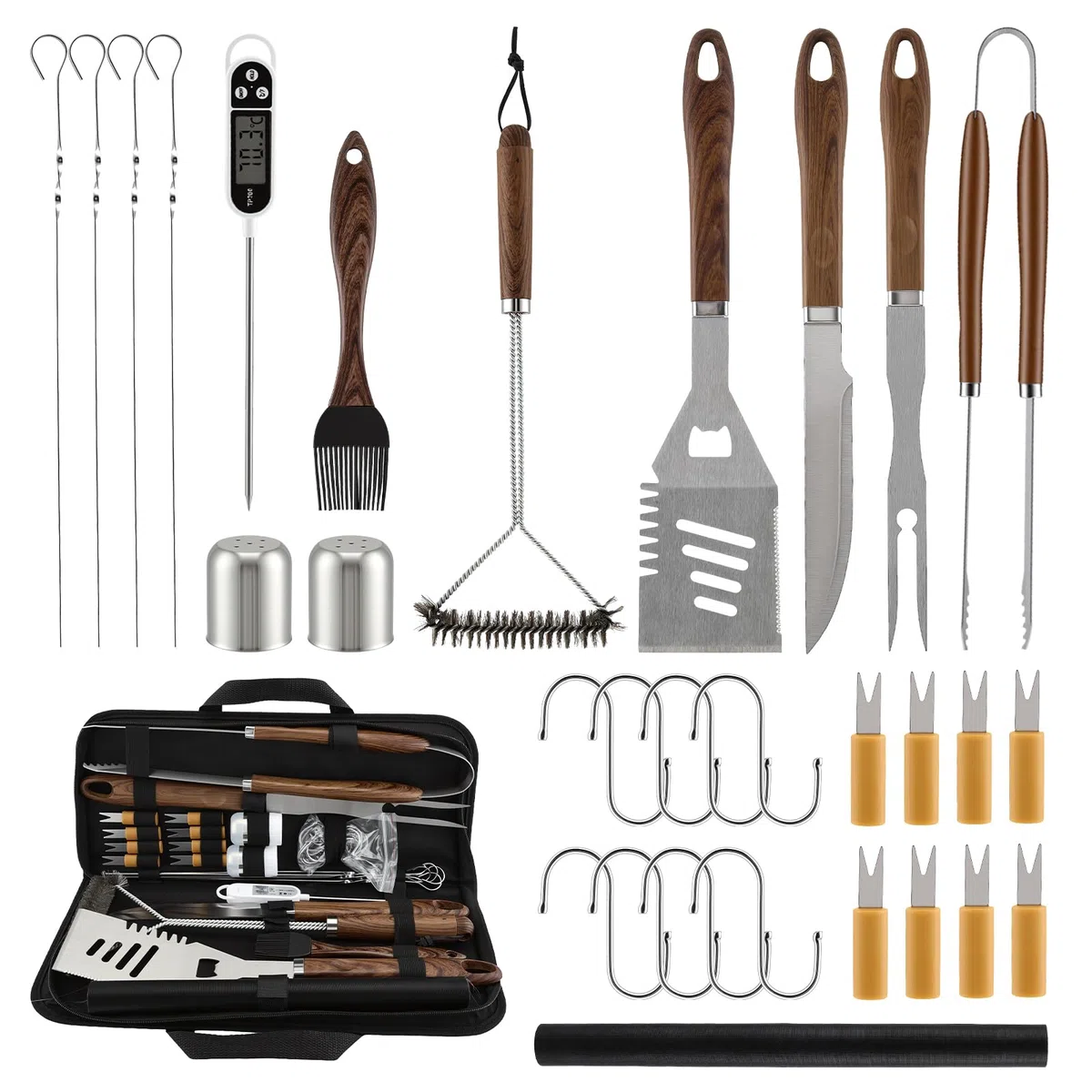 31Pcs Kit Barbecue Professionale, Set Barbecue Accessori in Acciaio Inox, Attrezzi BBQ Utensili Cucina con Spazzola per Barbecue e Termometro per Carne per Campeggio, Picnic e Barbecue all'Aperto