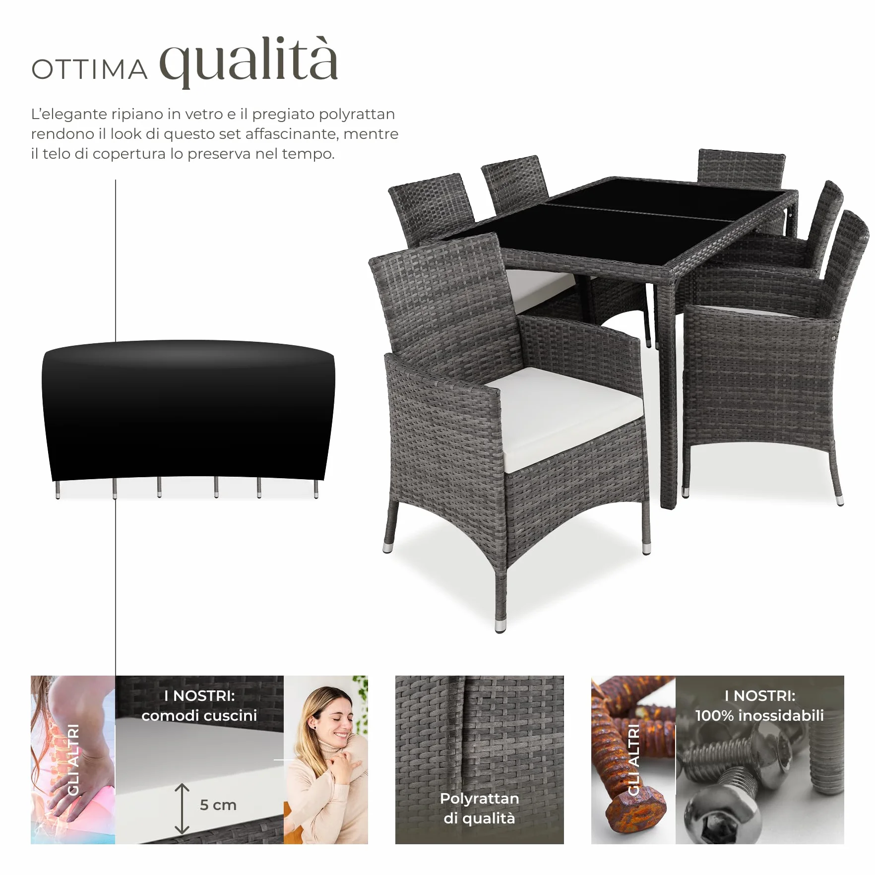 Tectake Set da Giardino Polyrattan 6 Sedie 1 Tavolo Grigio Bianco