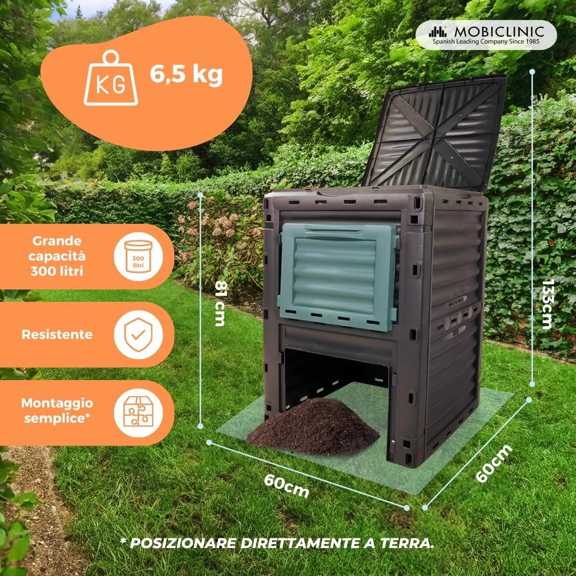 Mobiclinic®, Compostiera da giardino, Biopattumiera, Senza costi aggiuntivi, 300l, Ecologico, Trasformatore di rifiuti, Attrezzi, Griglie ventilazione, Plastica riciclata