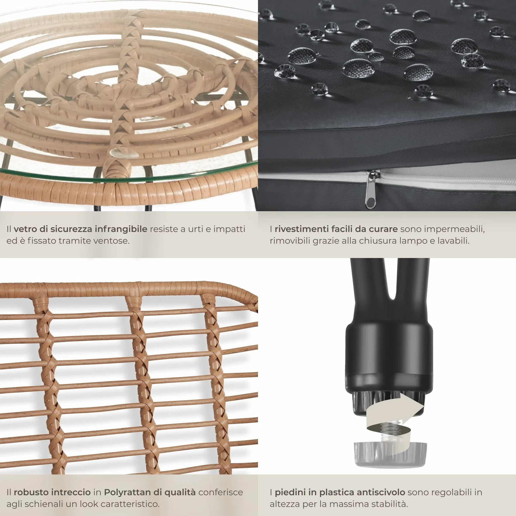 tectake Salottino in Rattan Set da Balcone 3 Pezzi 2 Sedie 120 kg Tavolo Vetro Sicuro Resistente Intemperie Terrazza Giardino Piedini Regolabili