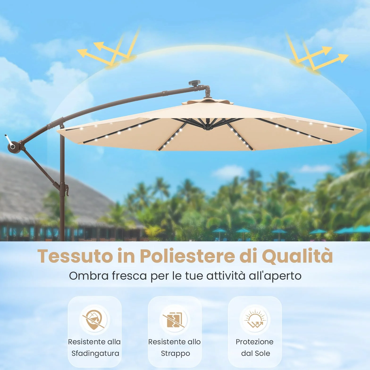 COSTWAY Ombrellone da Giardino 300 cm, Luci LED Solari, Anti-UV, Inclinazione Regolabile, Manovella, Beige