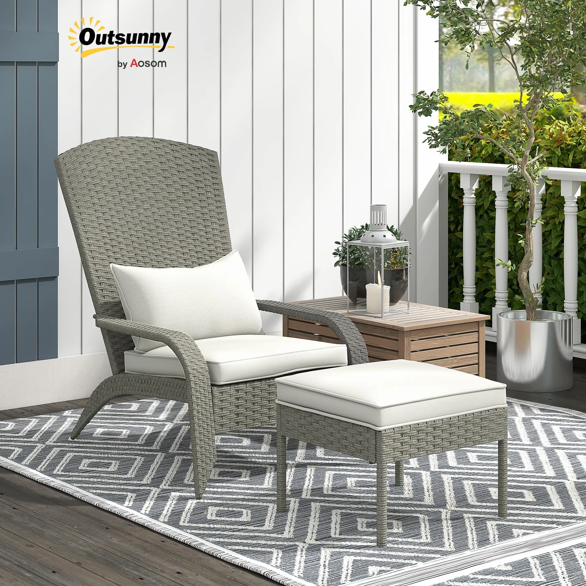 Outsunny Sedia da Giardino con Poggiapiedi, Braccioli e Cuscini Imbottiti, Sedia Adironrack in Rattan e Acciaio, 64x82x89 cm, Grigio e Bianco Crema