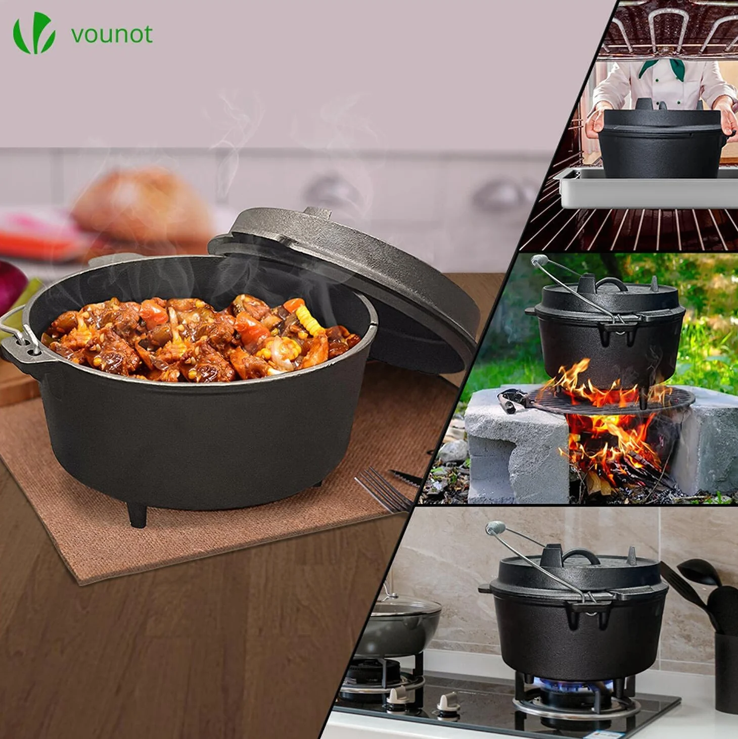 VOUNOT® Forno Olandese 4,25L Pentola in Ghisa con Gambe, BBQ Dutch Oven Ghisa con Sollevatore Coperchio, Supporto, Borsa, per Il Campeggio, la Cucina Casalinga, Il Barbecue e la Cottura