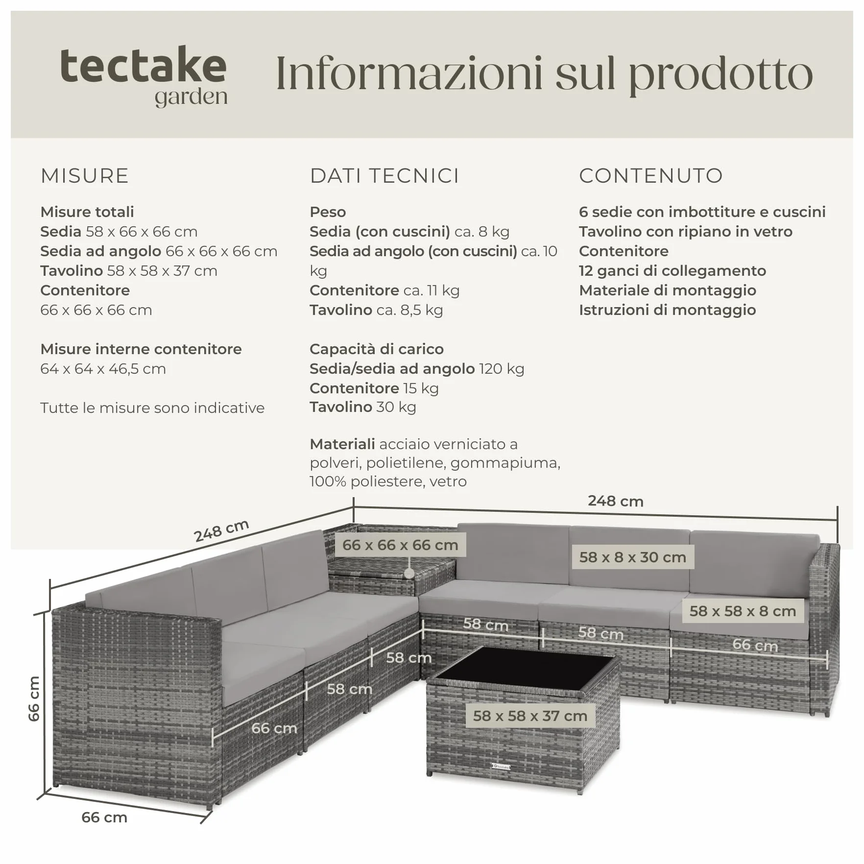 Salottino in Rattan Tectake Set da Conversazioni con Tavolo in Vetro e Box Contenitore Grigio