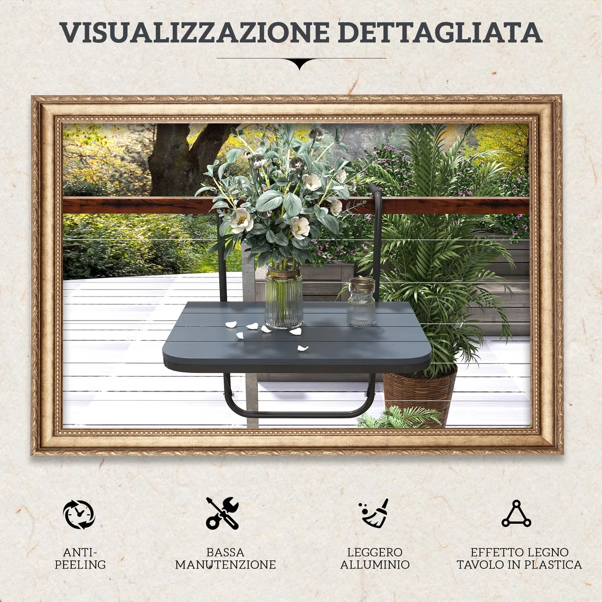 Outsunny Tavolino da Balcone Pieghevole Regolabile, Alluminio Composito Plastico Effetto Legno, Nero