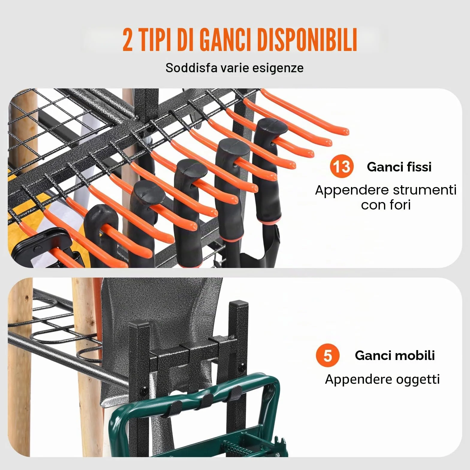 VEVOR Porta Attrezzi da Giardino 16 Slot Ganci, Organizzazione Stoccaggio in Metallo PP con Ruote per Garage Officina