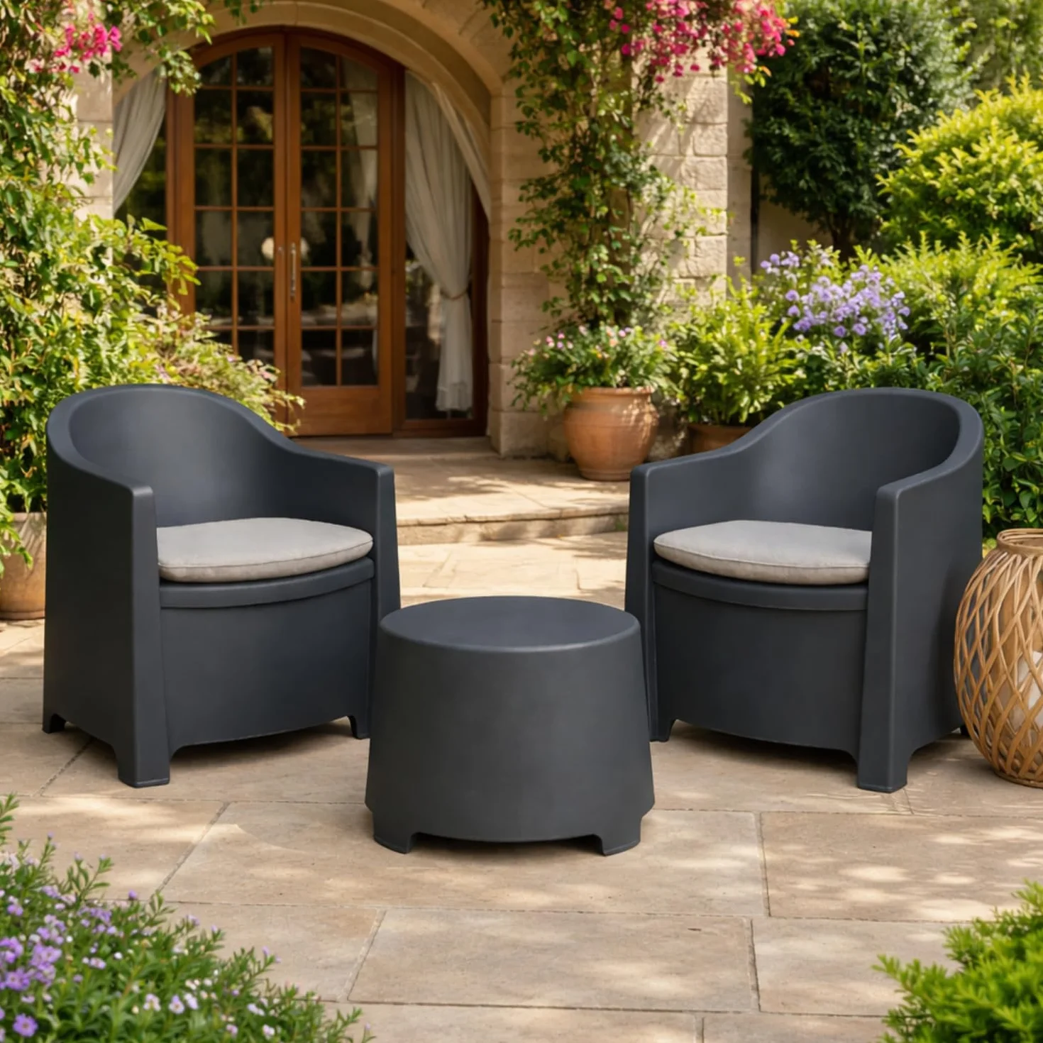 PALUPLUS Set Salottino da Giardino per 2 Persone, 2 Poltrone e 1 Tavolino, Cuscini, Antracite