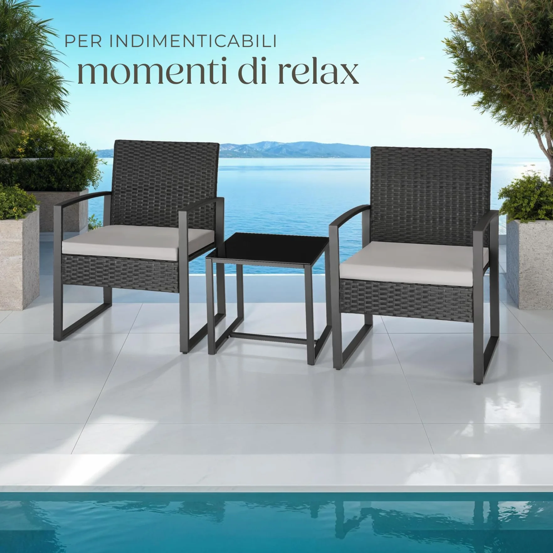Tectake Salottino da Esterno Rattan Granada Set Giardino Tavolino Salotto Vetro Imbottiture Regolabile UV