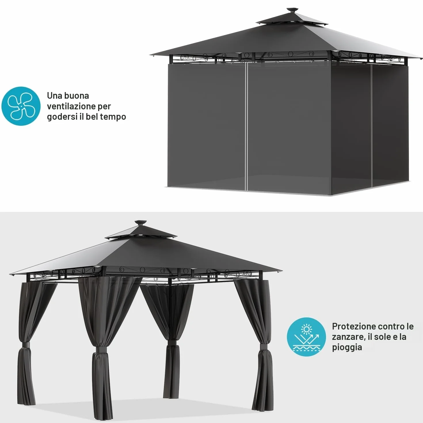 Devoko Gazebo 3x3m con Luce LED Impermeabile UV50+ Doppio Tetto Tenda da Giardino per Famiglie Grigio