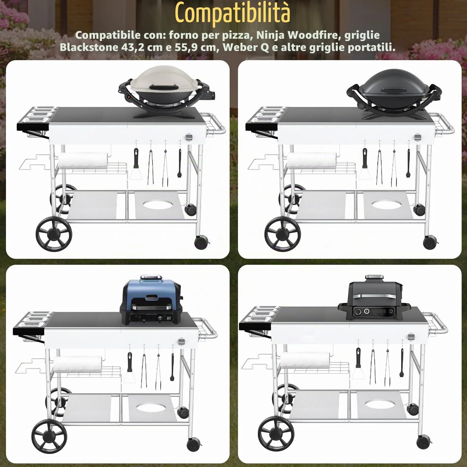 GFTIME Carrello tavolo per forno pizza 128x64 cm per Ooni Koda/Karu/Fyra 16 & 12, Ninja Woodfire, Blackstone