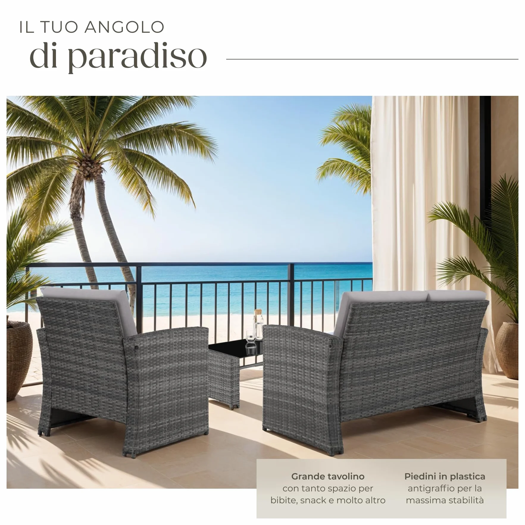 Salottino in Rattan da Giardino Esterno con 2 Poltrone, Divano e Tavolo in Vetro Rimovibile - Grigio/Grigio Chiaro
