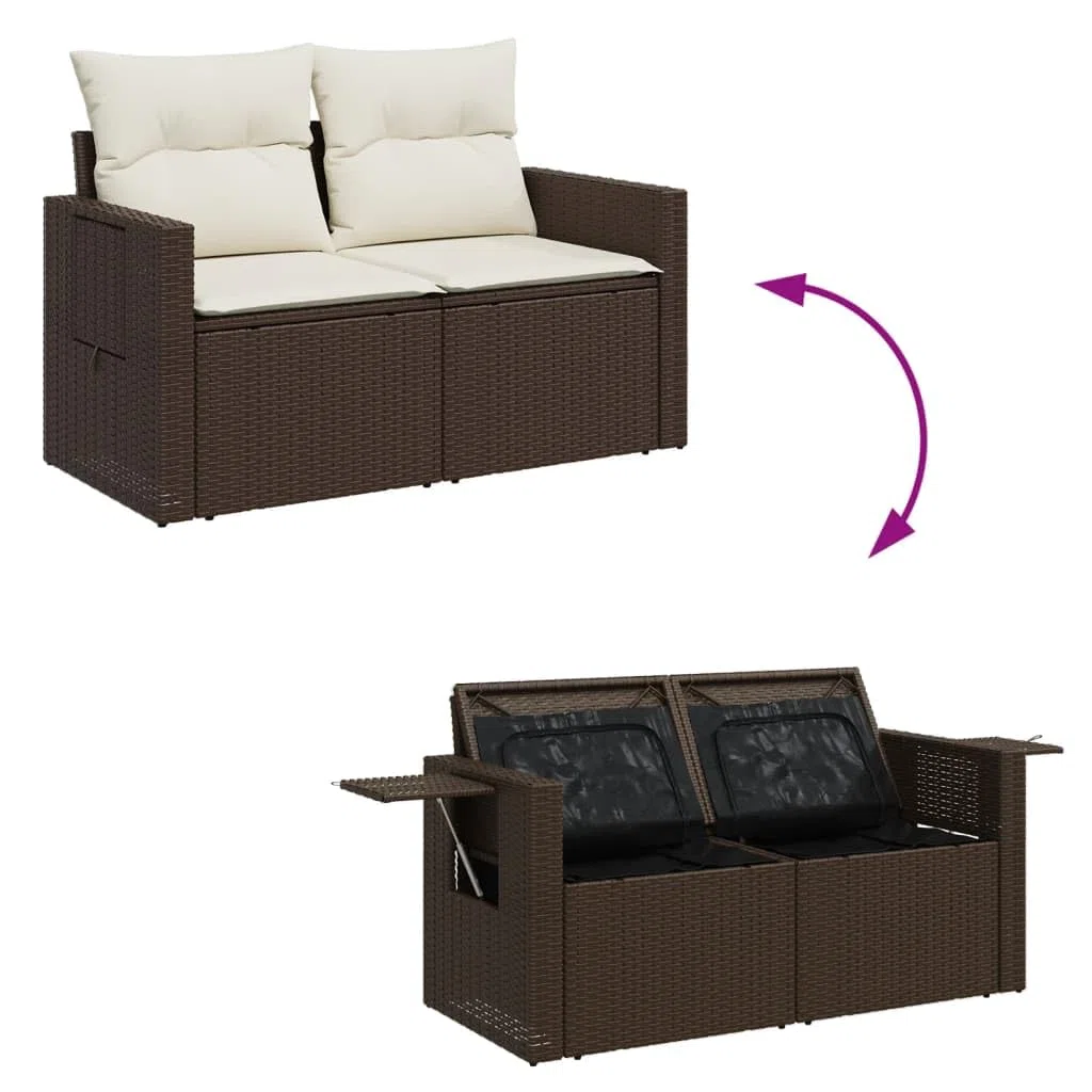 Divano da Esterno a 2 Posti Divano da Giardino 2 Posti Salotto da Giardino con Contenitore Divanetto da Esterno con Cuscini in Polyrattan-Marrone-2 Posti-2