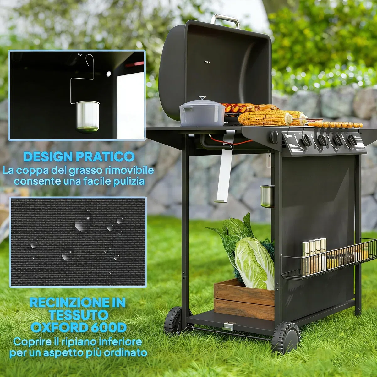 Outsunny Barbecue a Gas 4+1 Bruciatori con Coperchio e Termometro, Griglie, Tavolino Laterale, Nero