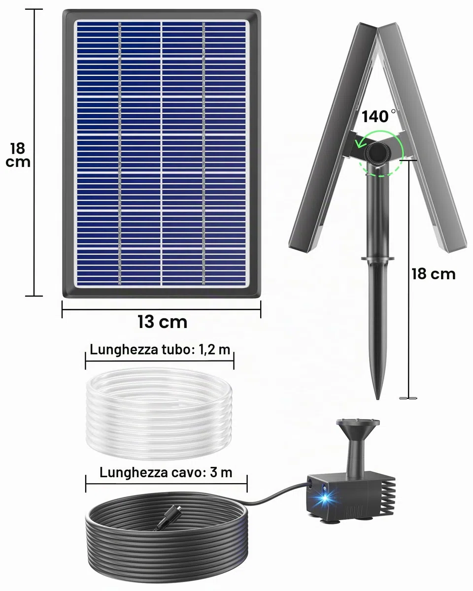 Pompa Solare per Laghetto 3.5W Fontana da Giardino con Tubo 1.2M 5 Ugelli