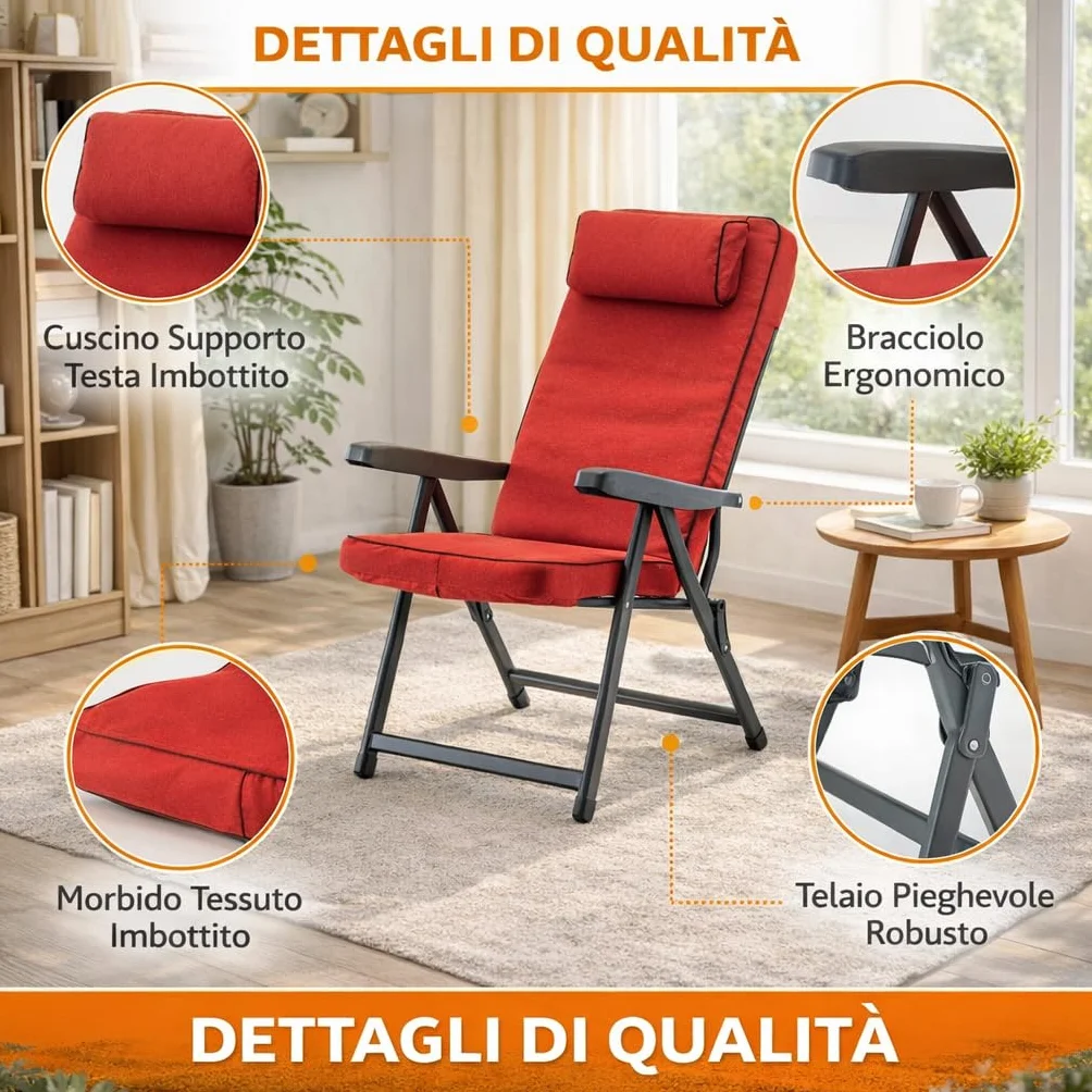 MA MAISON Sedia Reclinabile Imbottita 122x60x61 cm - con Poggiatesta, 6 Posizioni, Braccioli Ergonomici, Struttura in Acciaio, per Interno, Esterno - Made in Italy ROSSO