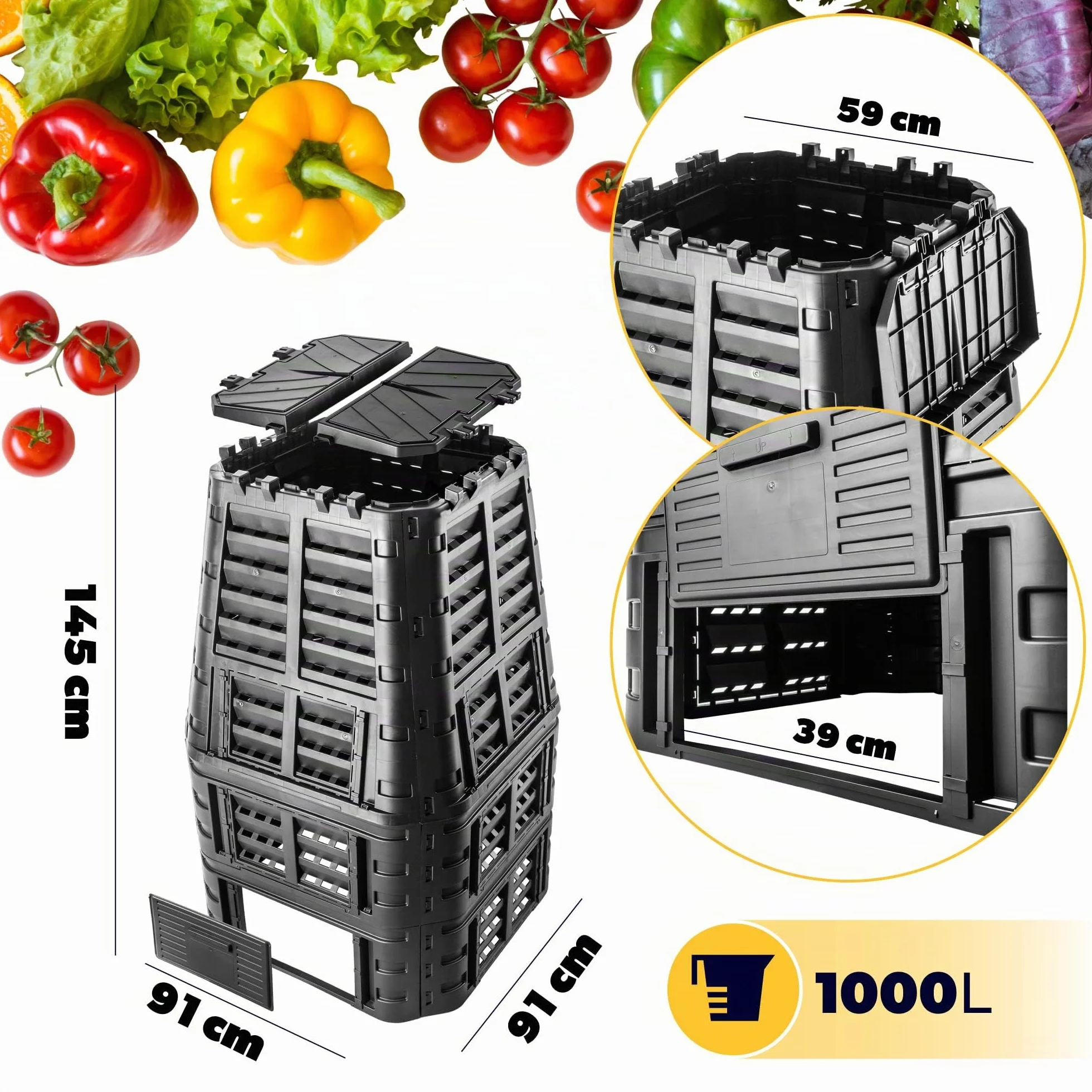 KADAX Compost, Sistema di compostaggio Nero, composti di plastica, Compost Termico Resistente al Tempo con Coperchio Pieghevole (1000L)