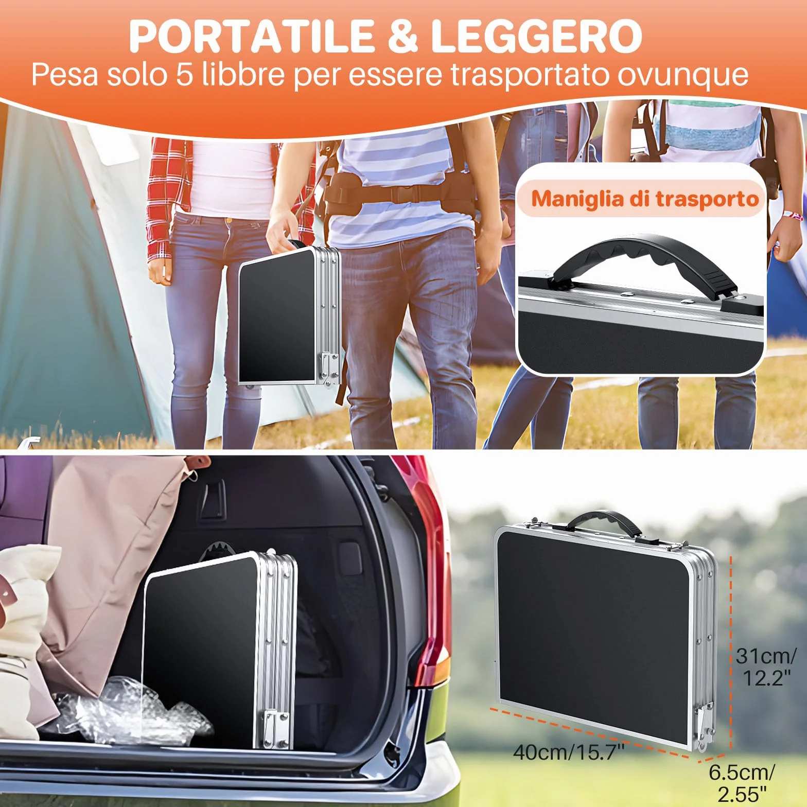 FUNYKICH Tavolo da Campeggio Pieghevole 58x40 cm Alluminio 3 Altezze Regolabili 26/48/70 cm Maniglia Trasporto MDF Argento