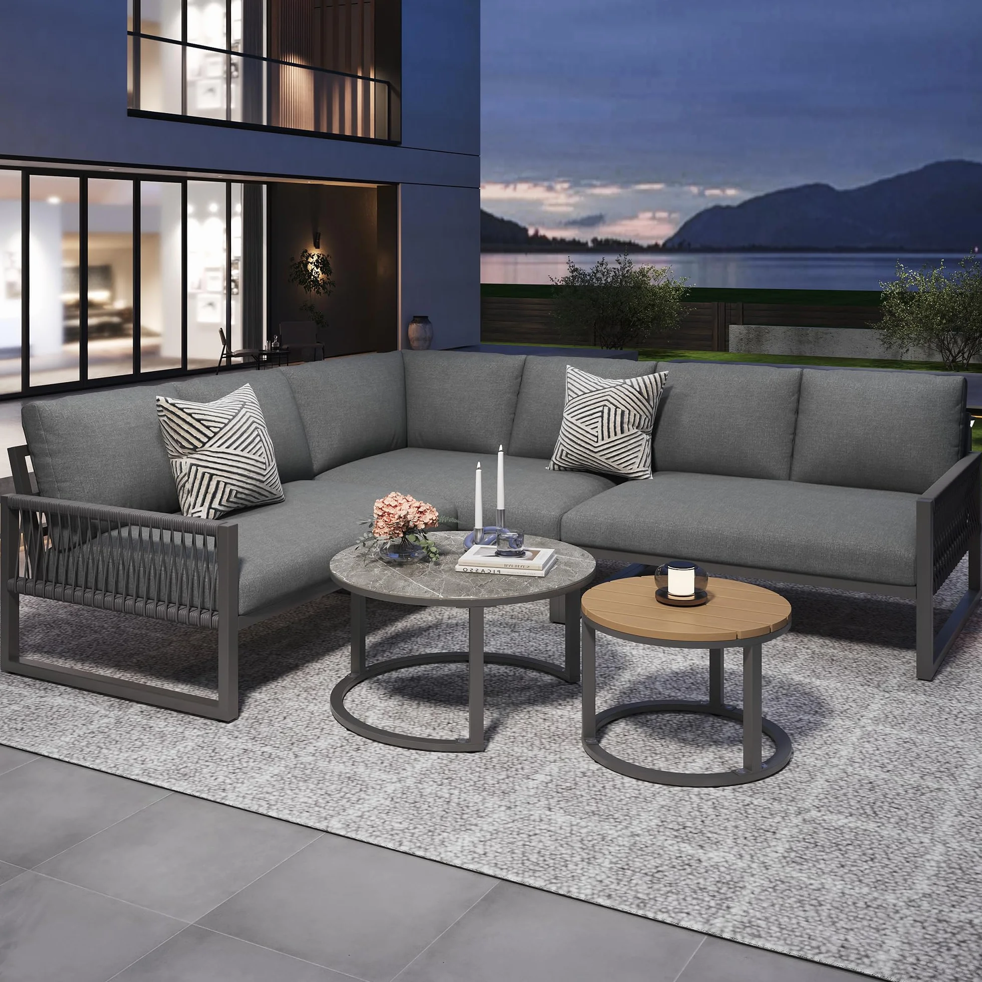 Soweiz Set di mobili da giardino per 6-7 persone divano ad angolo ferro zincato gambe regolabili cuscini seduta schiena 123x68x86 cm