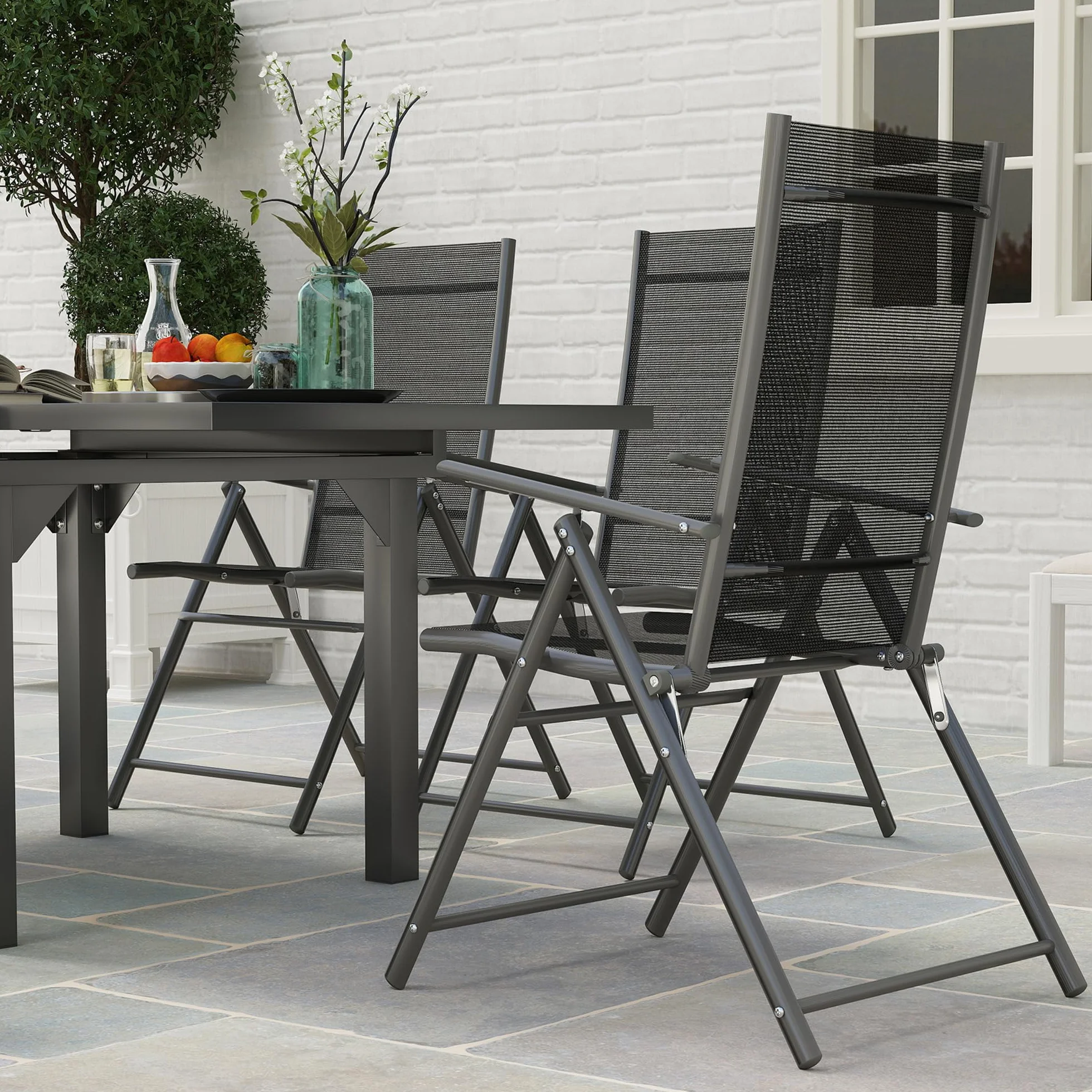 Outsunny Set Tavolo e Sedie da Esterno 7 Pezzi, Tavolo Allungabile con Piano in Vetro, 6 Sedie Pieghevoli con Braccioli, Acciaio e Textilene, Grigio