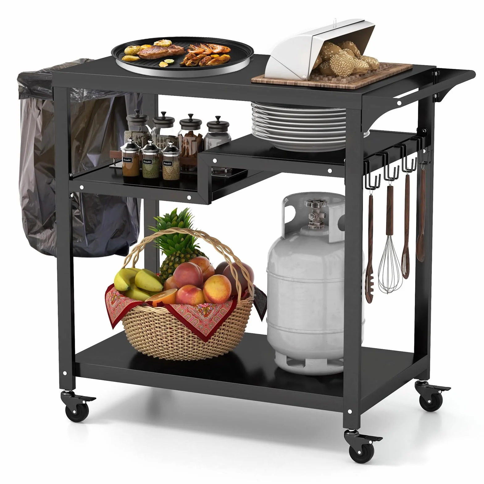 KOMFOTTEU Carrello Barbecue in Metallo, 4 Ripiani, 6 Ganci, Porta Sacchetti, Nero