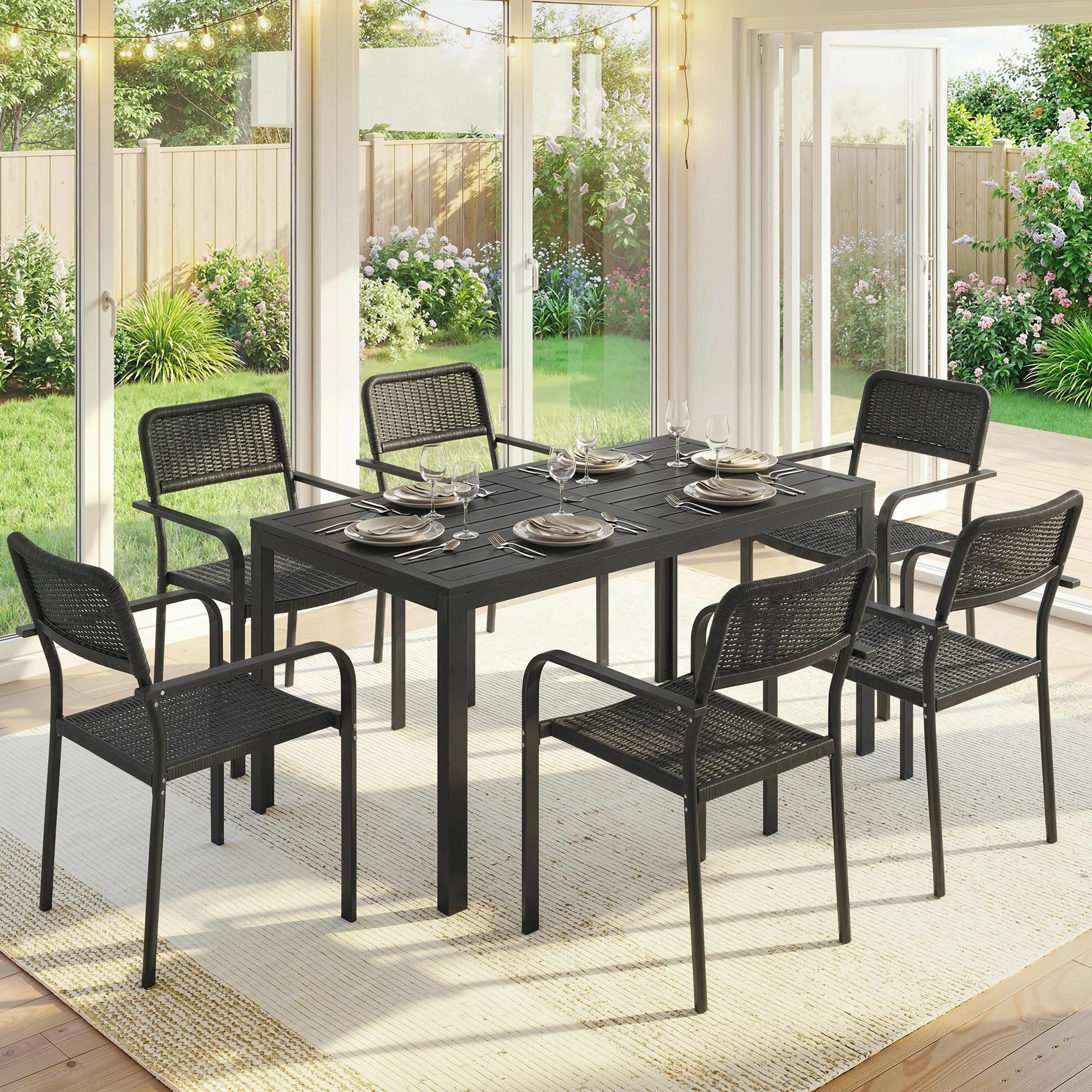 Outsunny Set Tavolo e Sedie da Giardino 7 Pezzi, Set da Pranzo Esterno con 6 Sedie Impilabili in Plastica Finto Rattan e Tavolo in Metallo Effetto Legno, Nero