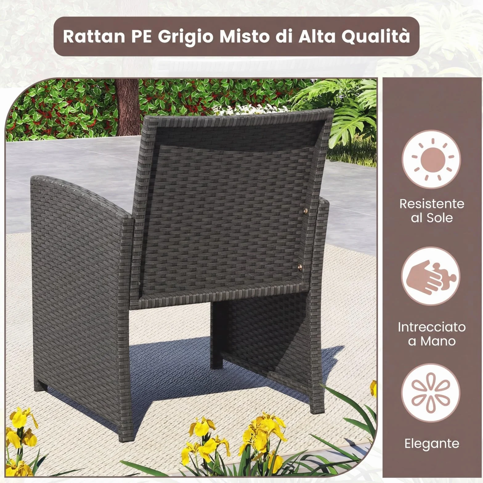COSTWAY Set Salotto da Giardino 4 Pezzi, Divanetto e Poltrone in Rattan con Tavolino da Caffè in Vetro Temperato, Grigio