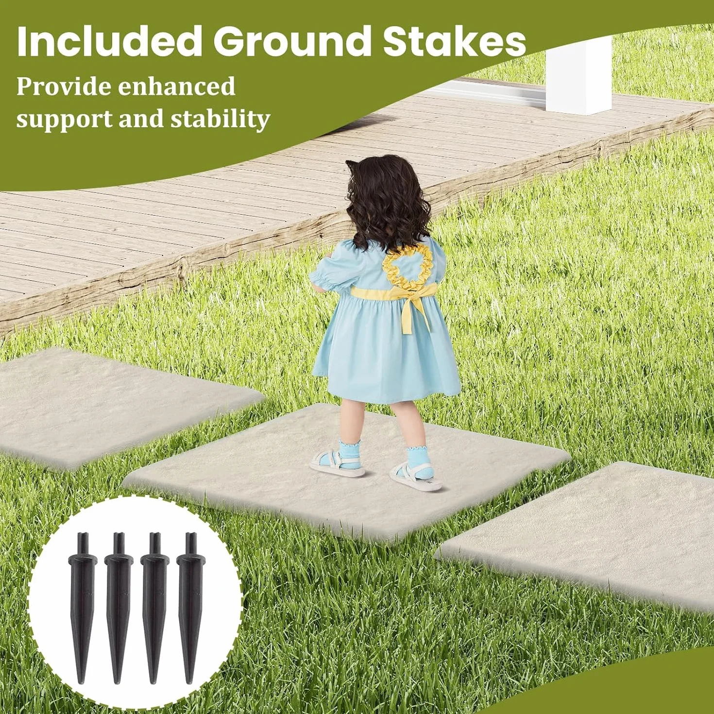 LIFEZEAL 8 Pezzi Pietre da Giardino con 4 Picchetti, Piastrelle per Esterno 39,5 x 39,5 cm, Pietre Decorative in PP Resistente per Passerelle da Giardino e Passeggiate Esterne (Beige)