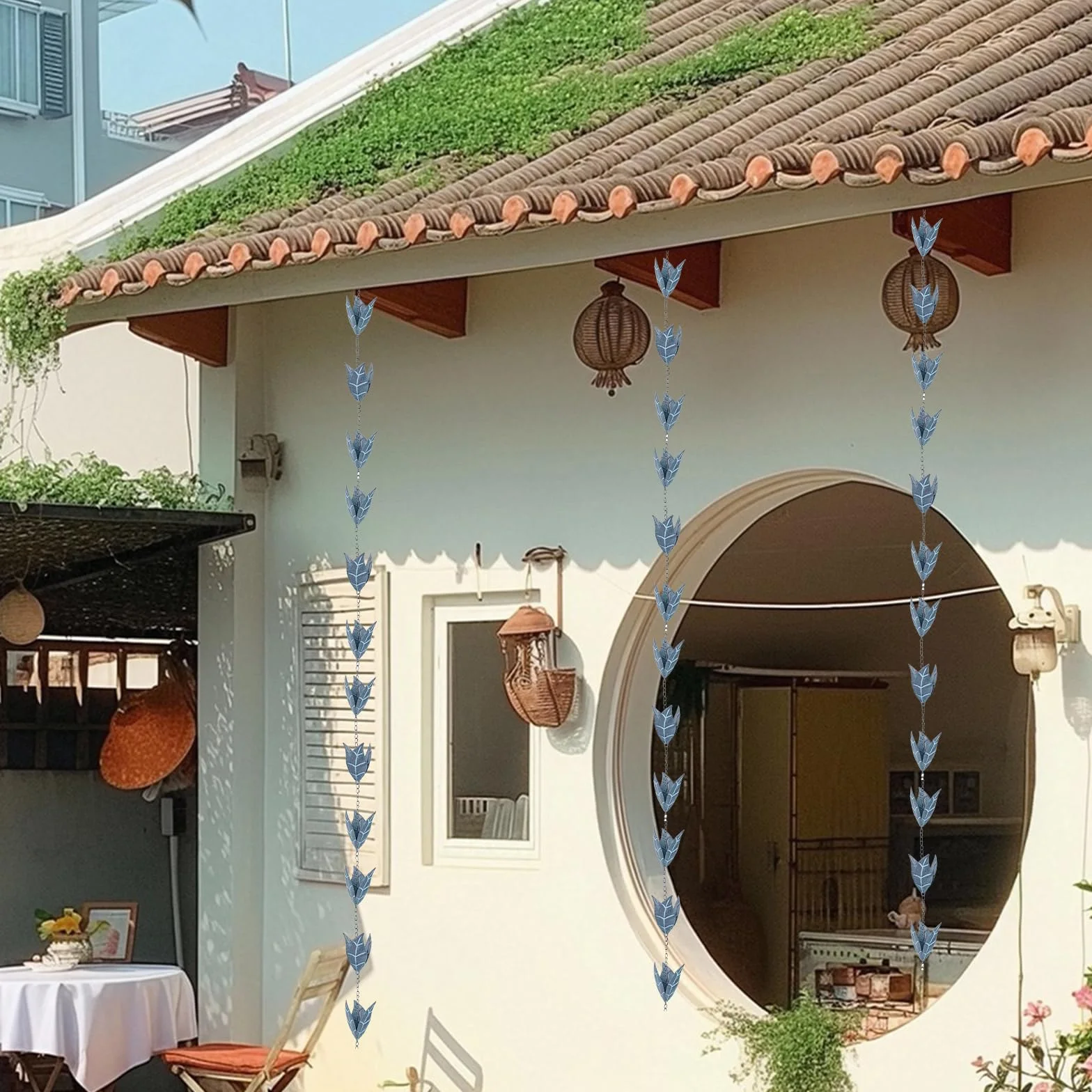 2,6M Catena Antipioggia, Catena Antipioggia per Grondaie Catena Antipioggia per Grondaie Catena Antipioggia A Forma di Foglia Blu Ferro Decorazione per Patio E Casa